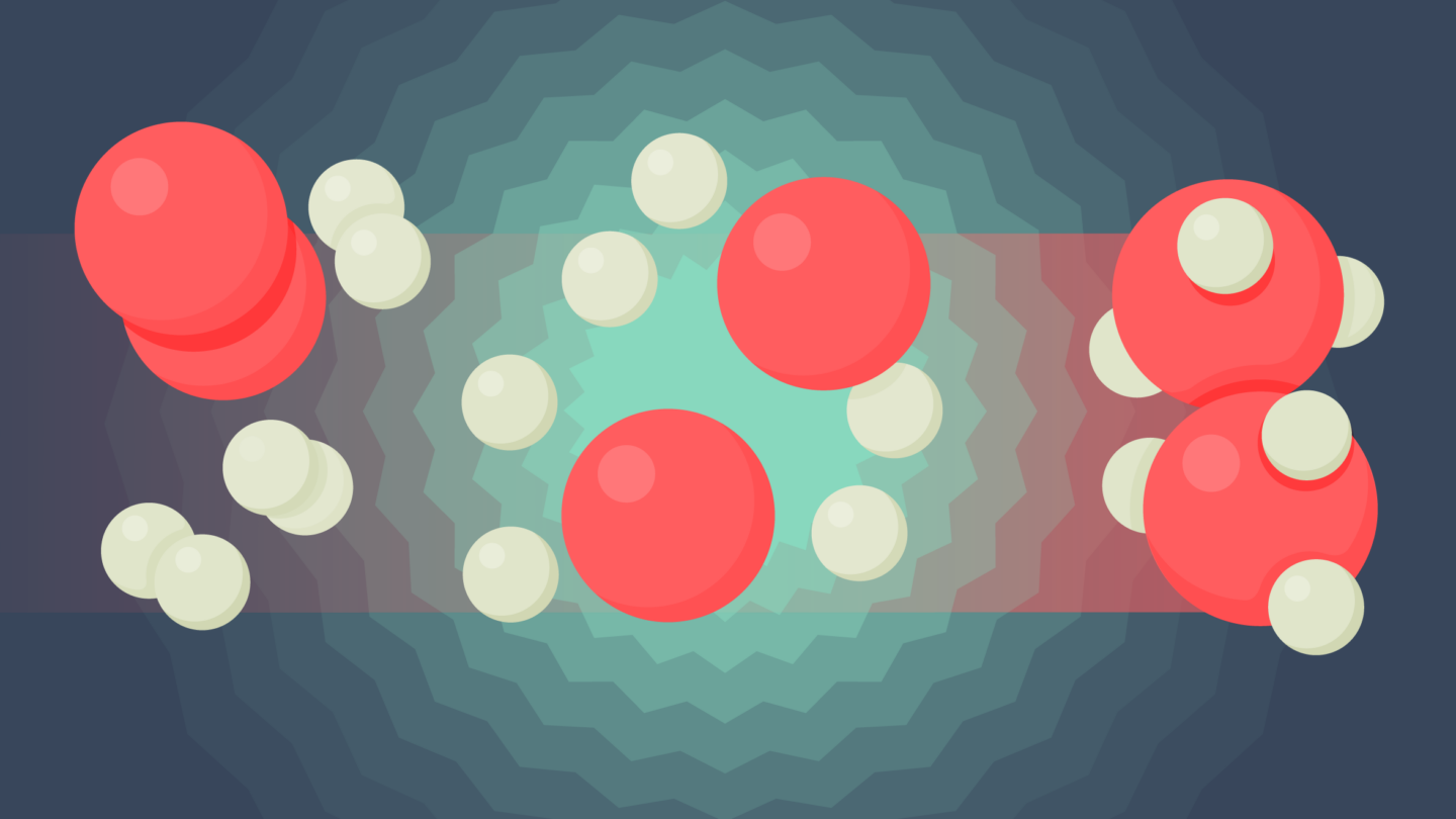 Abstract illustration with large red and small white spheres arranged in clusters over a teal and dark blue background with concentric rings.