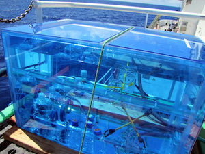 A blue, transparent scientific instrument box with wires and equipment inside sits on a boat deck near the ocean.