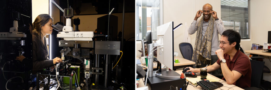 Sama Ahmed in his lab with a Ph.D. student.