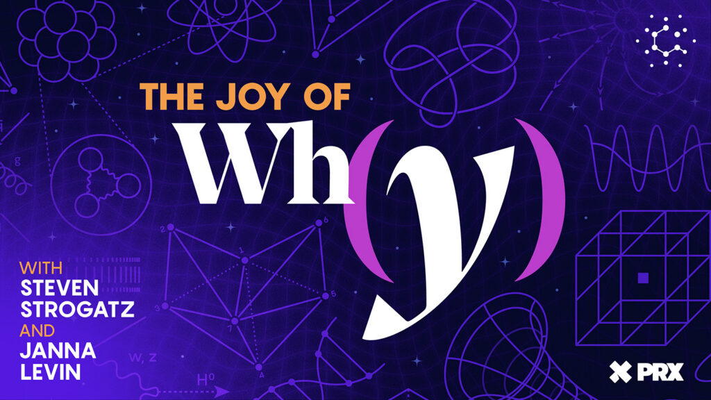 Purple background with mathematical diagrams. Title reads The Joy of Why with a stylized Why in large font. Hosts listed: Steven Strogatz and Janna Levin. Logos for PRX and another brand in the corners.