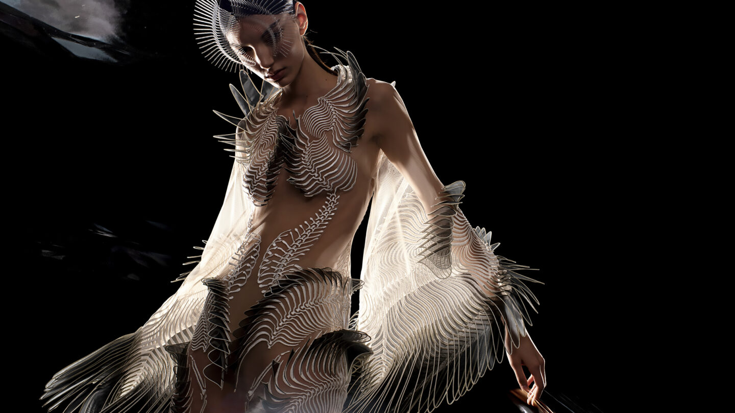 Iris van Herpen. Kimono Dress, from the collection, 2020. Glass organza, crepe, tulle, and Mylar. Model: Cynthia Arrebola. (Photo: David Ụzọchukwu)