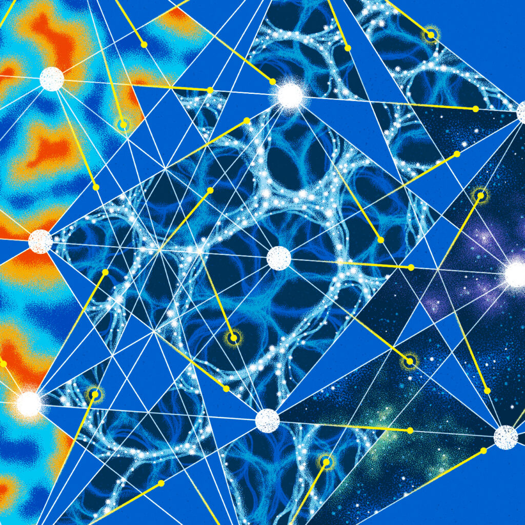 Abstract image with geometric white lines and nodes overlaying sections of thermal patterns, molecular structures, and a starry galaxy on a blue background, suggesting connections between science, technology, and the universe.