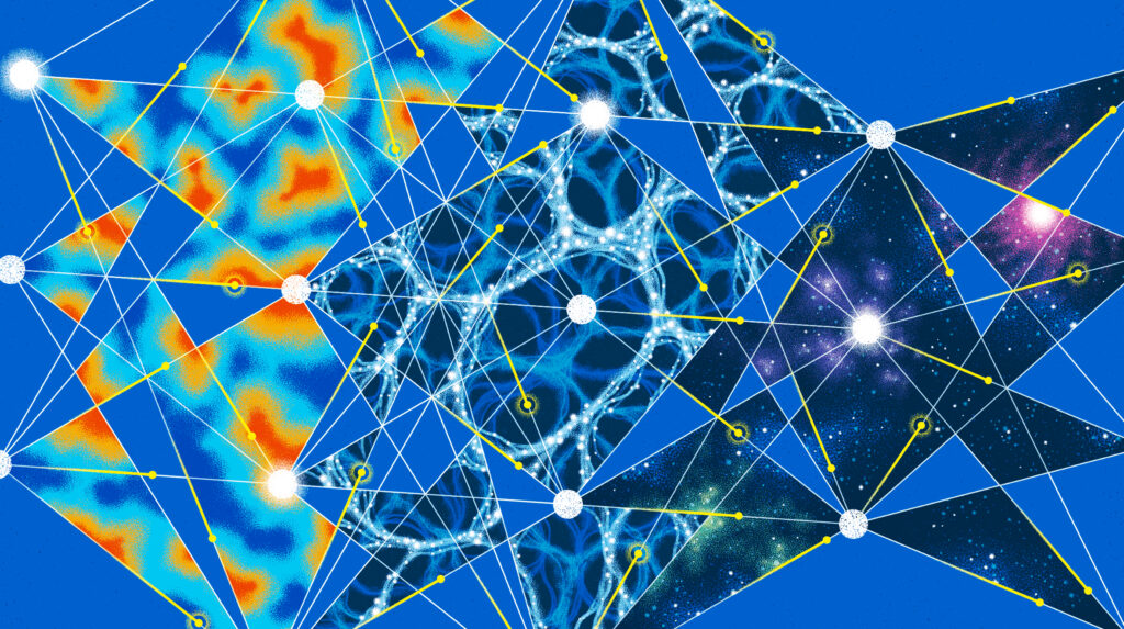Abstract image with geometric white lines and nodes overlaying sections of thermal patterns, molecular structures, and a starry galaxy on a blue background, suggesting connections between science, technology, and the universe.
