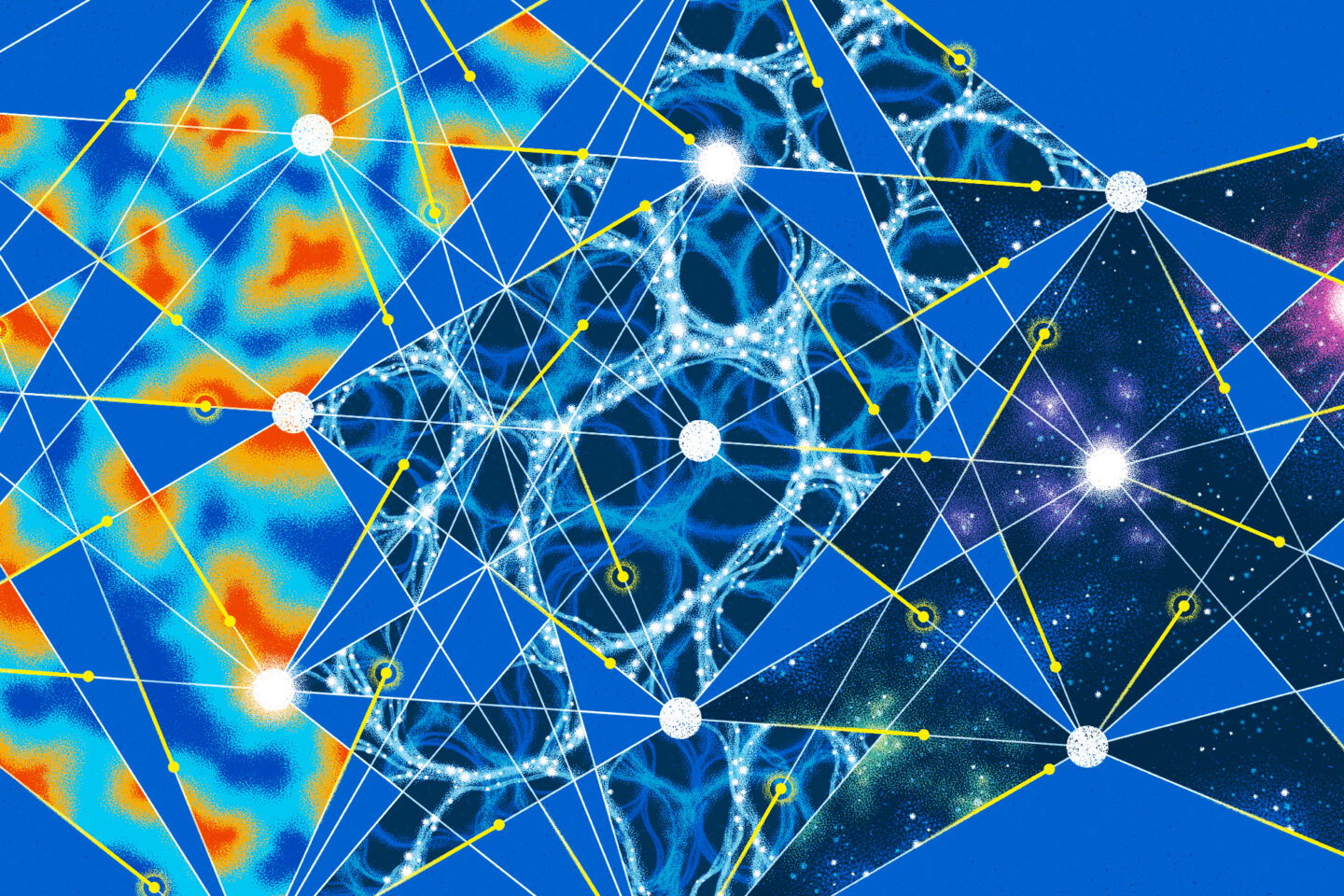 Abstract image with geometric white lines and nodes overlaying sections of thermal patterns, molecular structures, and a starry galaxy on a blue background, suggesting connections between science, technology, and the universe.