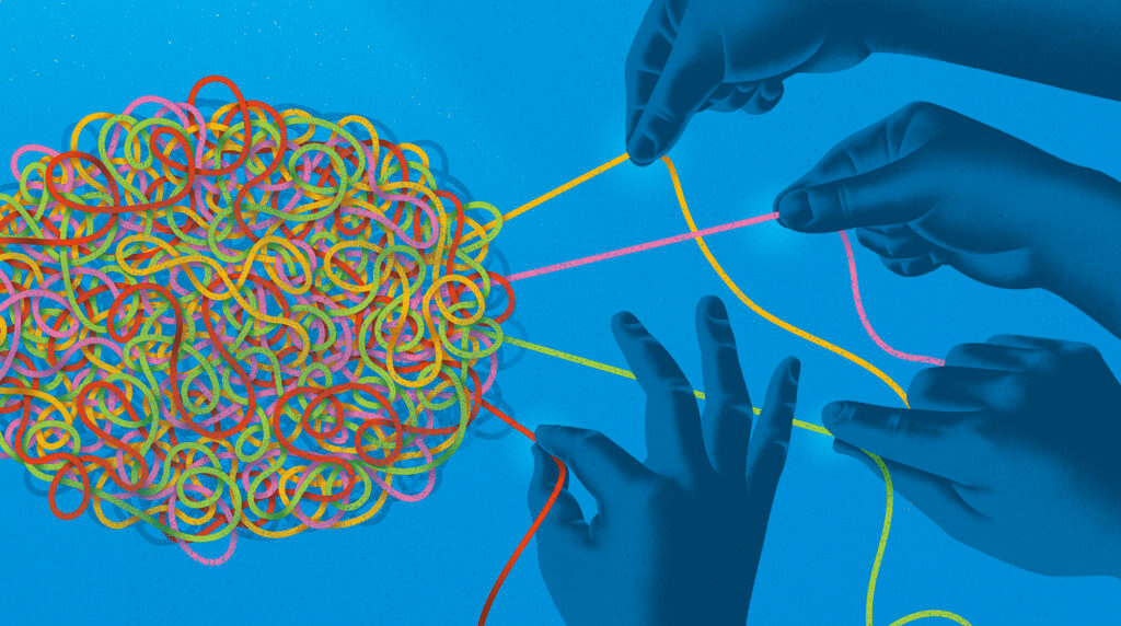 An illustration of a group of hands trying to untangle a large ball of multicolored string.