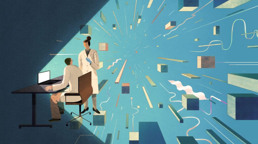 Illustration of researchers working at a computer surrounded by helpful modules and agents, depicted as floating cubes