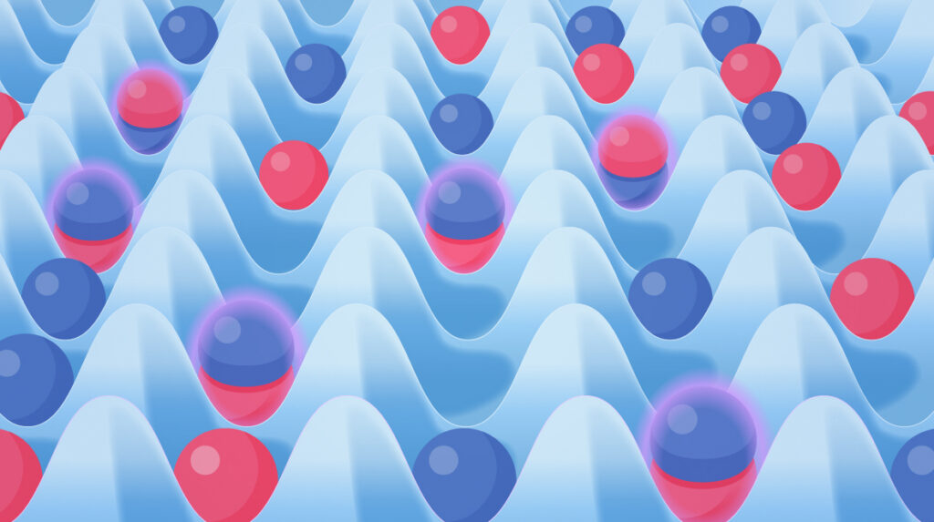 Rows of red and blue spheres rest in the valleys of a wavy, light blue grid pattern, creating a repeating, ordered arrangement with a scientific, abstract appearance.