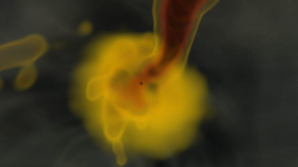 A simulation shows a small black hole at the center, with swirling yellow and red clouds forming an accretion disk and jet against a dark background.