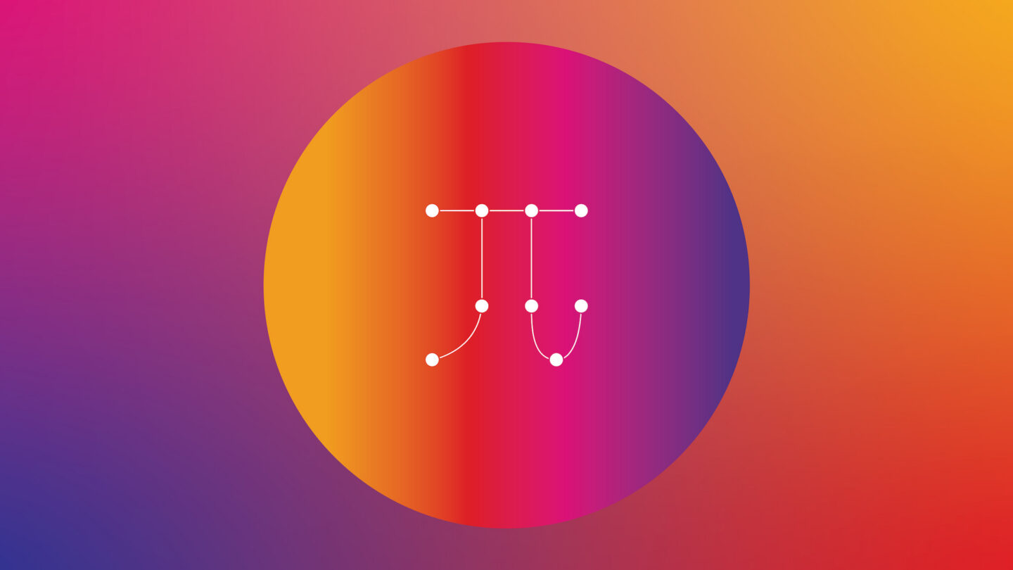 White pi symbol composed of dots and lines on a circular gradient background transitioning from orange to pink and purple.
