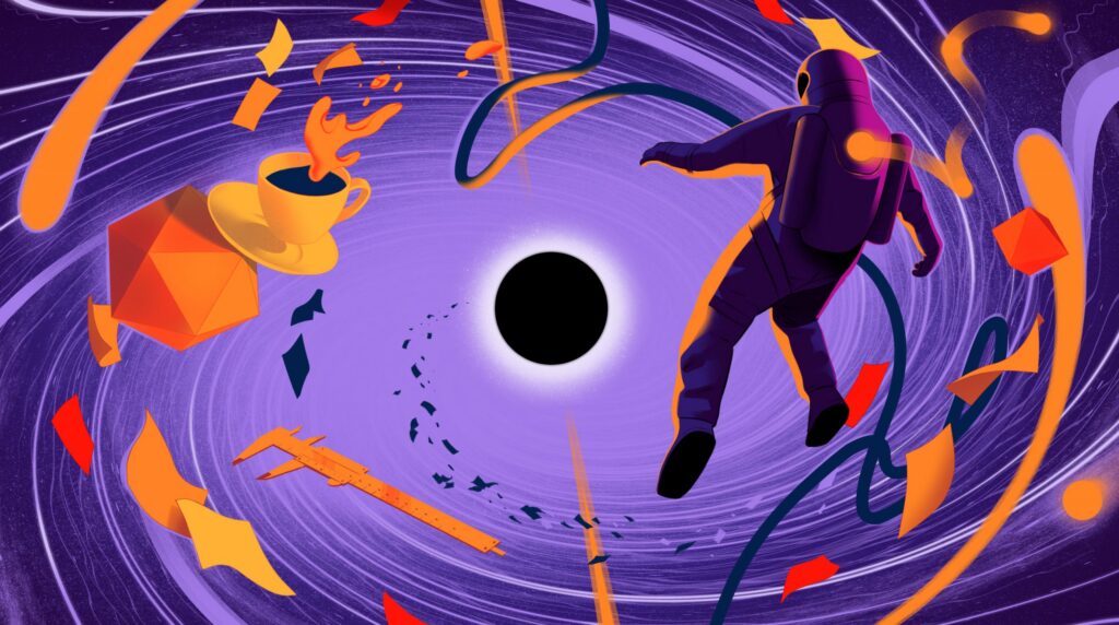 An astronaut floats toward a black hole surrounded by swirling objects, including a coffee cup, papers, a ruler, and geometric shapes against a purple cosmic background.