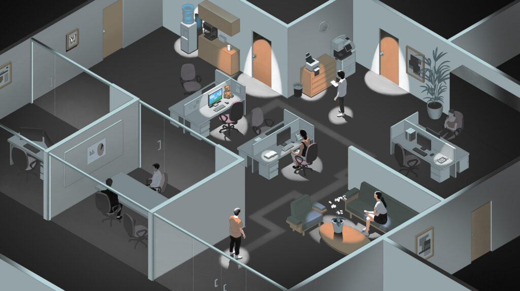 Graphical illustration of an office environment where employees interact with their surroundings, demonstrating how one's environment can influence their actions.