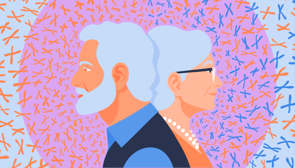 Older man and older woman back to back over a background of floating chromosomes.