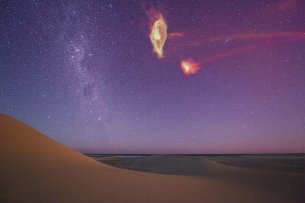 The Small and Large Magellanic Clouds as they would appear if the gas around them were visible to the naked eye.