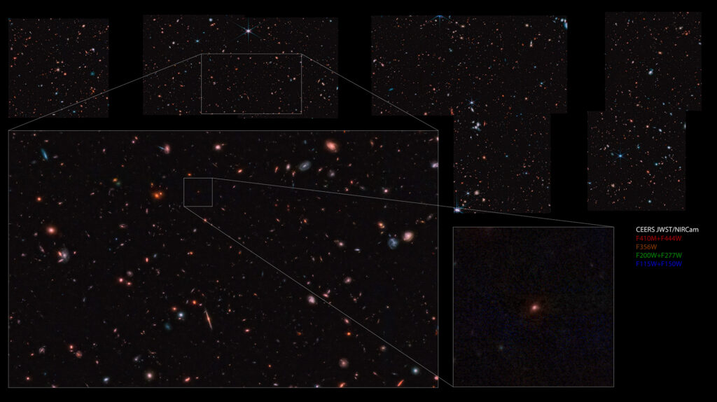 A collage of deep space images showing countless distant galaxies and stars, with zoomed-in sections highlighting individual regions and a labeled inset with different camera filter designations.