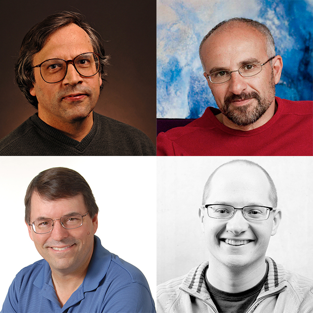 A grid of four men, each wearing glasses, posed against different backgrounds. The top left man has dark hair, the top right is bald with a beard, the bottom left has brown hair, and the bottom right is bald and smiling.