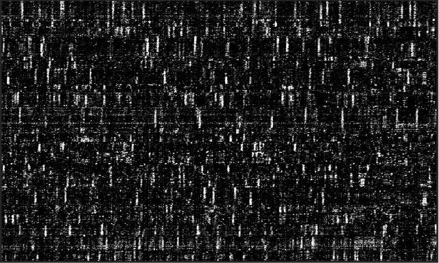 Abstract textured black and white image with a grainy pattern, featuring vertical and horizontal streaks that resemble static or noise on a screen.