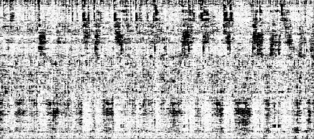 Black and white abstract texture with vertical and horizontal lines resembling static or digital noise, creating a rough, distressed pattern across the entire image.