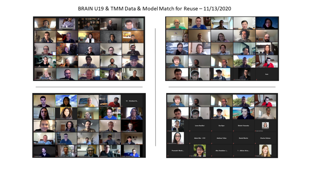 Four zoom screenshots (2x2 array) of participants (each screenshot with 25 tiles of people)