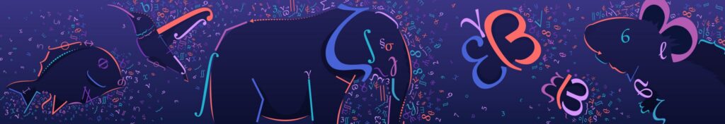Colorful outlines of a dolphin, elephant, butterfly, and mouse are filled with floating numbers in shades of blue, pink, and purple on a dark purple background.