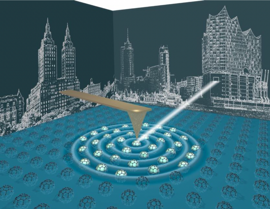 A stylized cityscape with a large probe emitting circular waves over a grid of spherical molecules, resembling a scientific visualization or atomic-scale illustration.