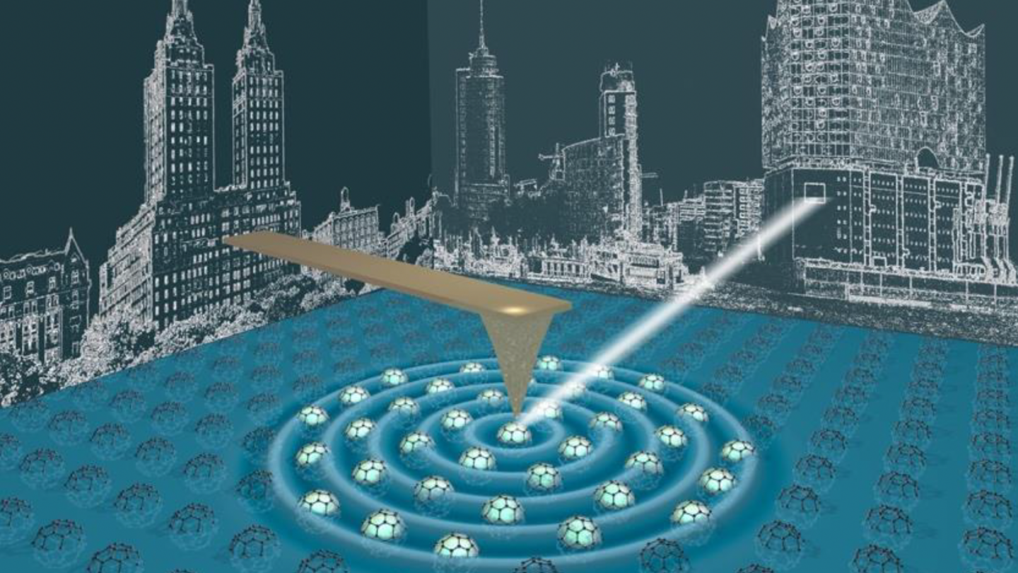 A stylized cityscape with a large probe emitting circular waves over a grid of spherical molecules, resembling a scientific visualization or atomic-scale illustration.