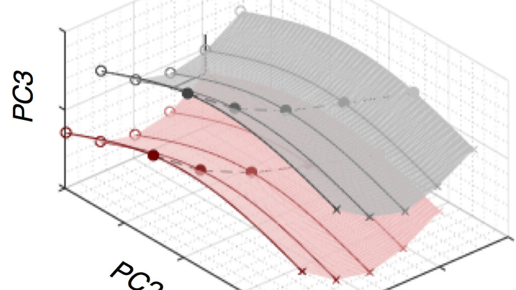 Graph showing neural activity during 1- and 1.5-fold trials was confined to its respective manifolds (red and gray)