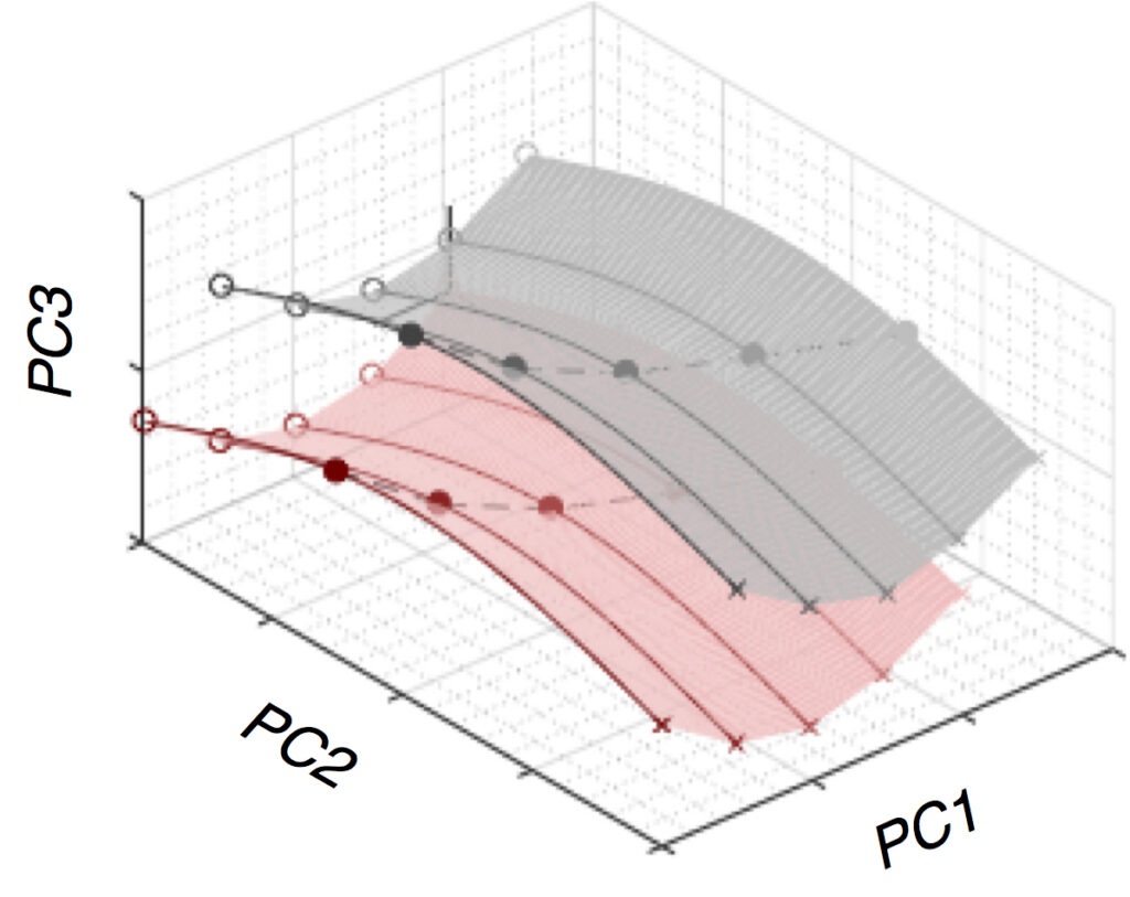 Graph showing neural activity during 1- and 1.5-fold trials was confined to its respective manifolds (red and gray)