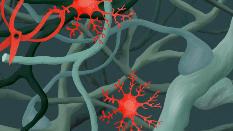 Digital illustration of red and green neurons and a red stylized pair of scissors poised at the stump of a branch-like green neuron.