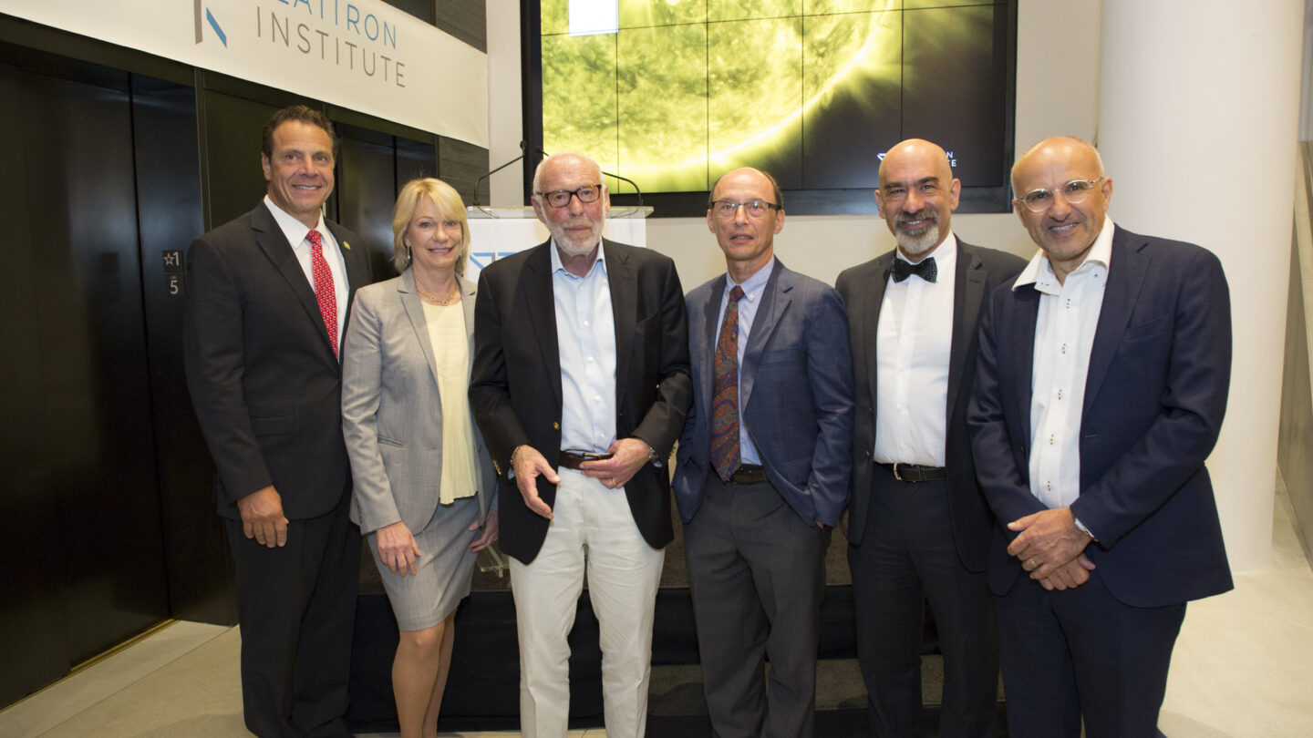 (From left) Gov. Andrew Cuomo, Marilyn Simons, Jim Simons, Dr. Leslie Greengard, David Spergel and Antoine Georges following the ribbon-cutting ceremony at the Flatiron Institute dedication