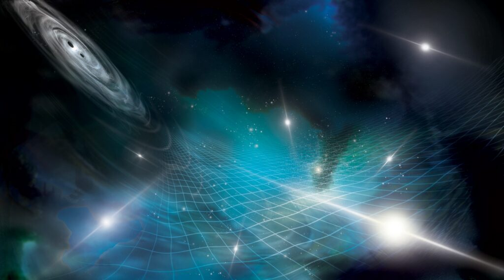 A digital illustration of outer space with bright stars, a swirling black hole, and a blue grid representing gravitational waves or spacetime curvature.