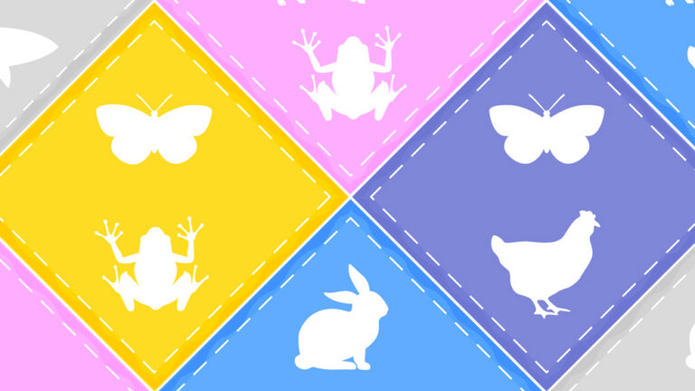 A digital illustration of a patchwork quilt with silhouettes of two distinct animals within them. For example, one square has a silhouette of a butterfly and a frog, while another has those of a rabbit and a chicken, another with silhouettes of a butterfly and a chicken, and so on.