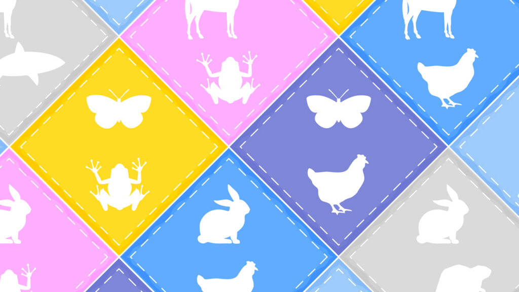 A digital illustration of a patchwork quilt with silhouettes of two distinct animals within them. For example, one square has a silhouette of a butterfly and a frog, while another has those of a rabbit and a chicken, another with silhouettes of a butterfly and a chicken, and so on. The quilt breaks into square sections towards the right side of the image.