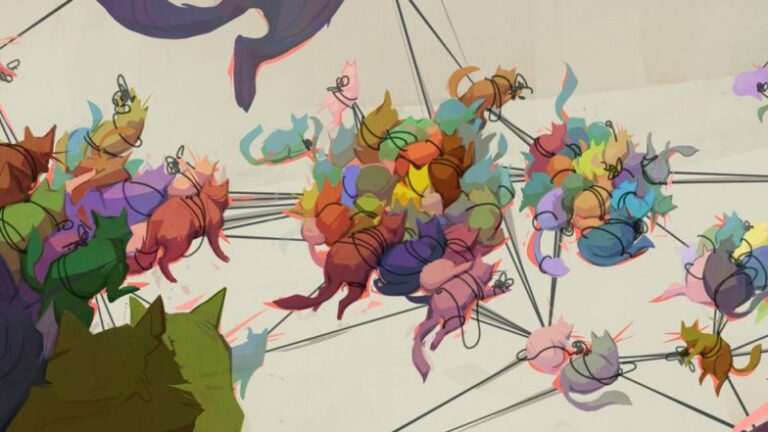 Colorful cartoon cats are loosely tied by strings held by two people in hats, one using a hoop to try to organize the chaotic feline group. Large shadows of more cats are in the foreground, watching.