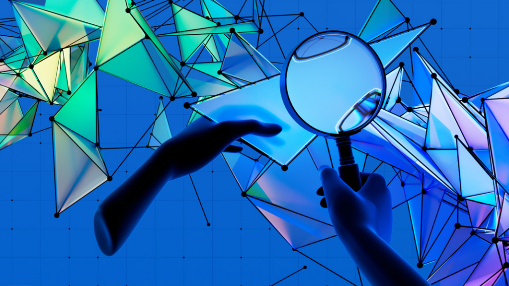 A digital illustration of disembodied hands interacting with or holding magnifying glasses to geometric structures.
