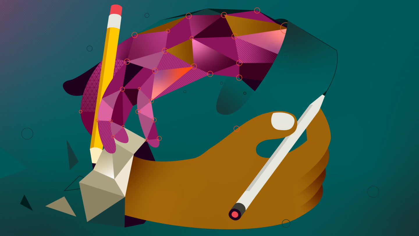 An artist's illustration of a digital hand and a human hand each drawing the other.