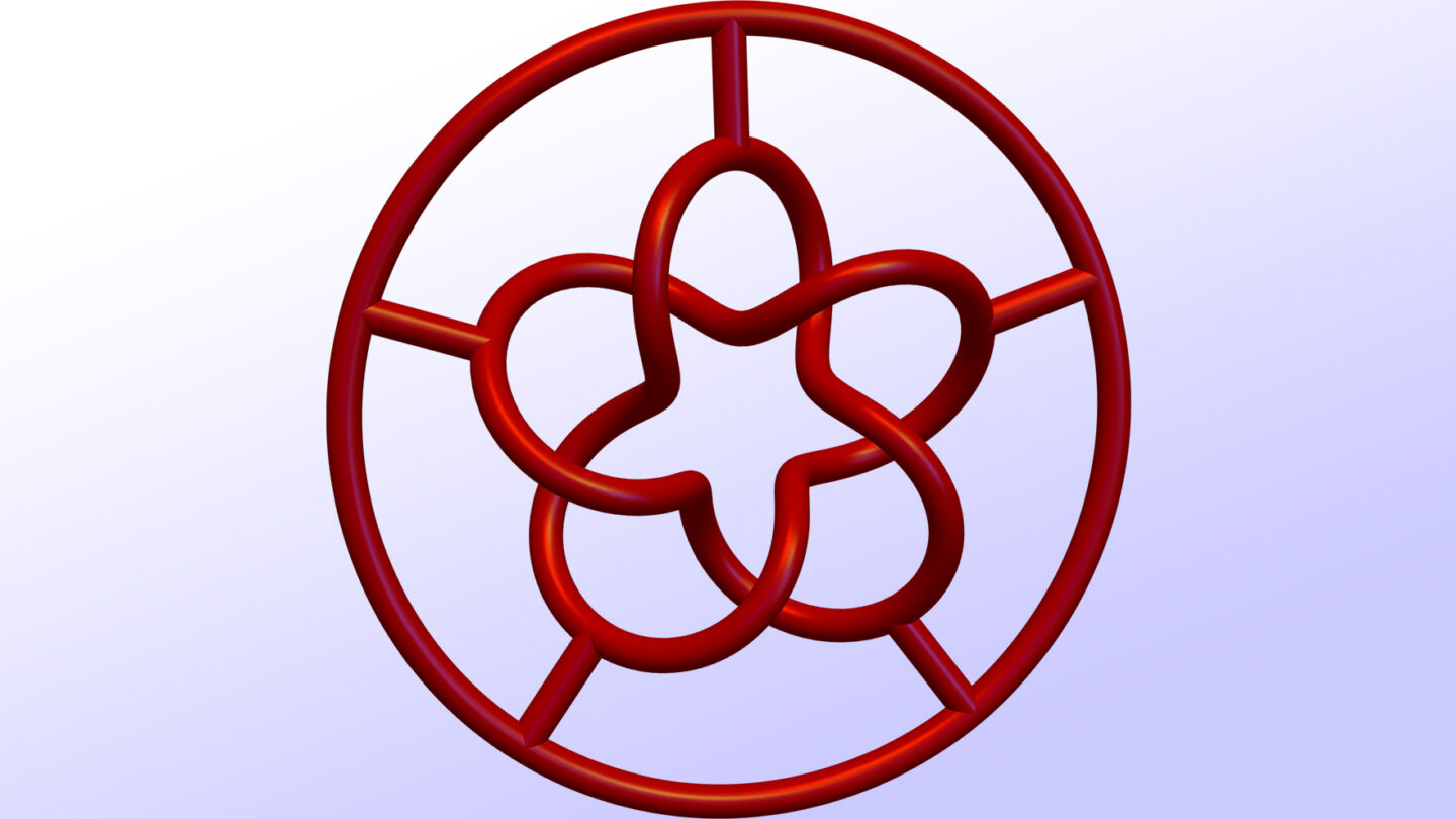 A red, circular geometric shape with a five-petal flower-like design in the center, set against a gradient white to light purple background.