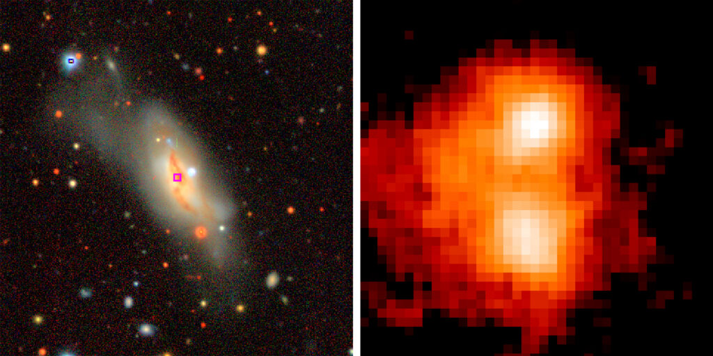 Side-by-side images showing a galaxy with bright spots on the left and a pixelated orange image with two bright areas on the right, highlighting galactic features.