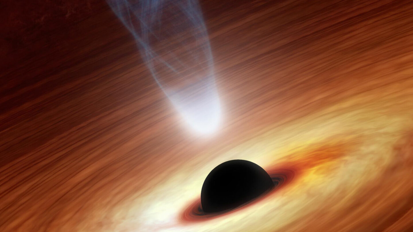 A digital illustration of rotating black hole in the center of the spiral galaxy NGC 1365