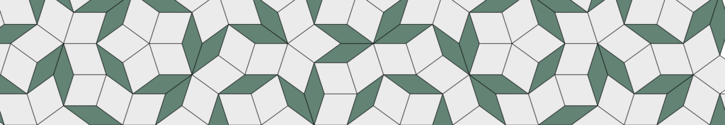 A geometric pattern of white hexagons and green parallelograms arranged in a tessellated layout, forming an interlocking, optical illusion effect across the image.