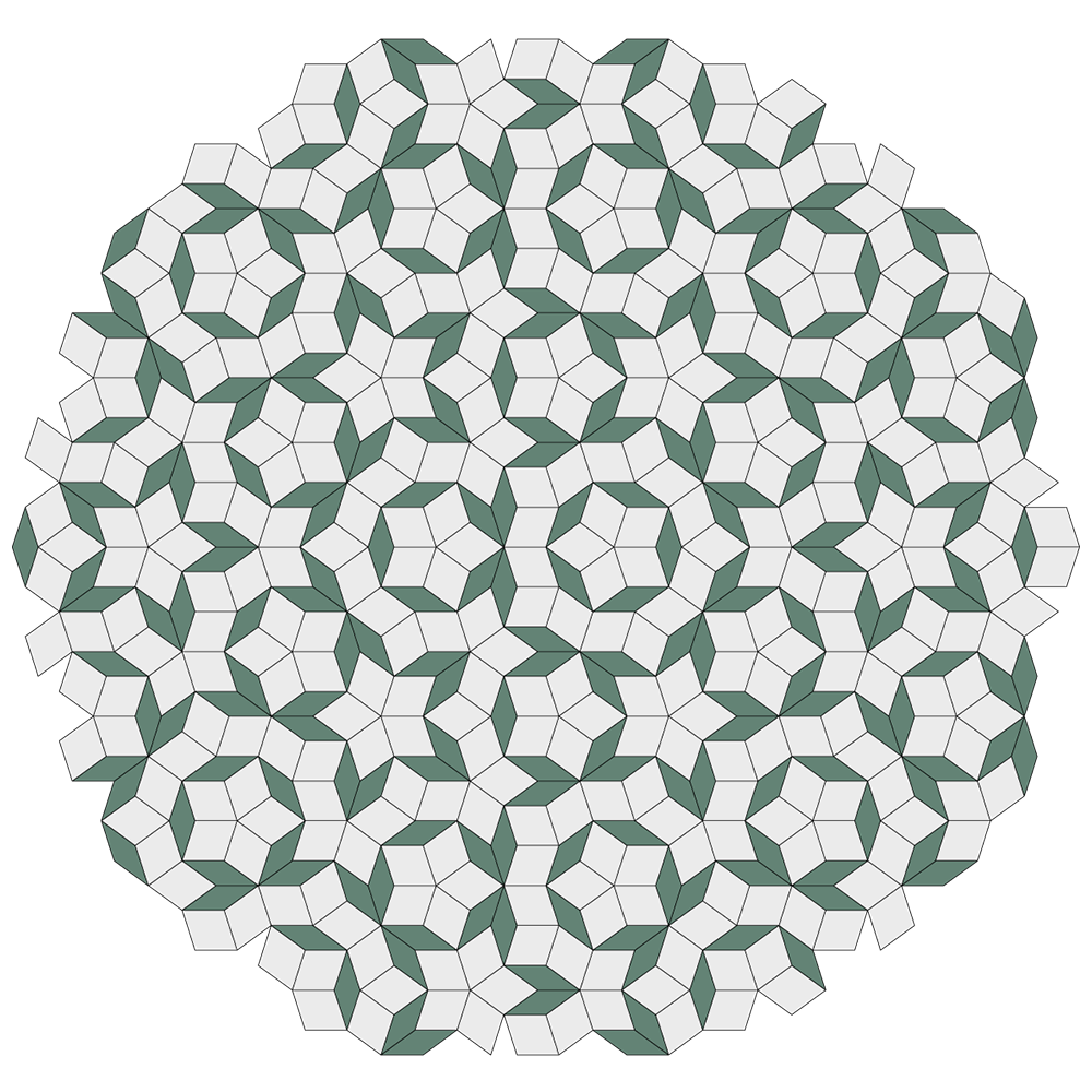 A circular tiling pattern with green and white shapes forming interlocking stars and pentagons, creating a complex geometric mosaic on a white background.