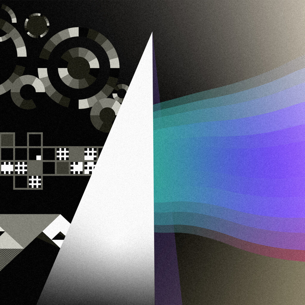 Stylized image of a prism and a rainbow