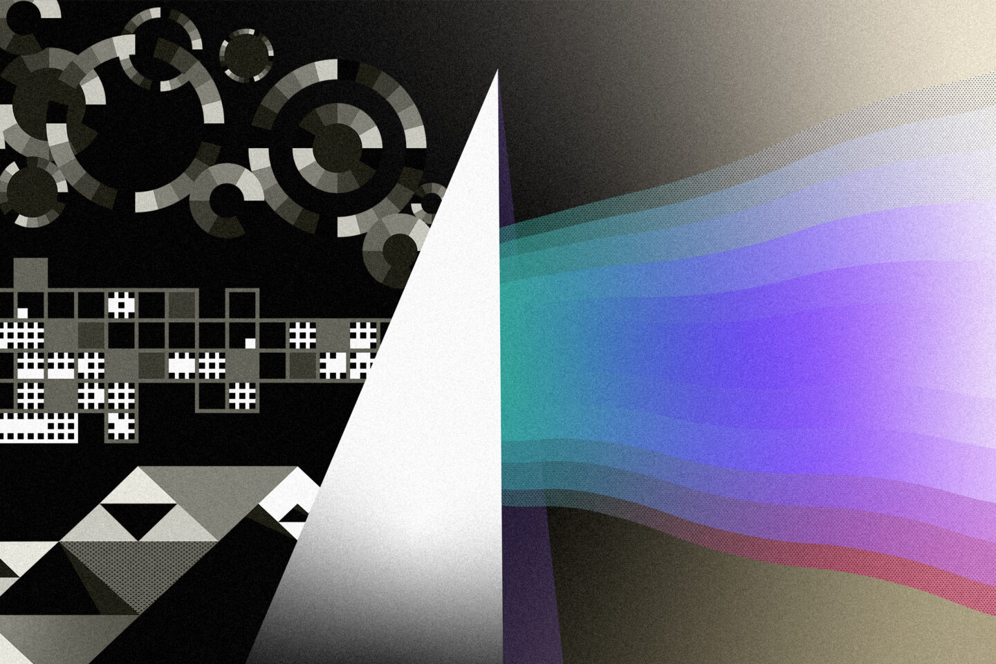 Stylized image of a prism and a rainbow