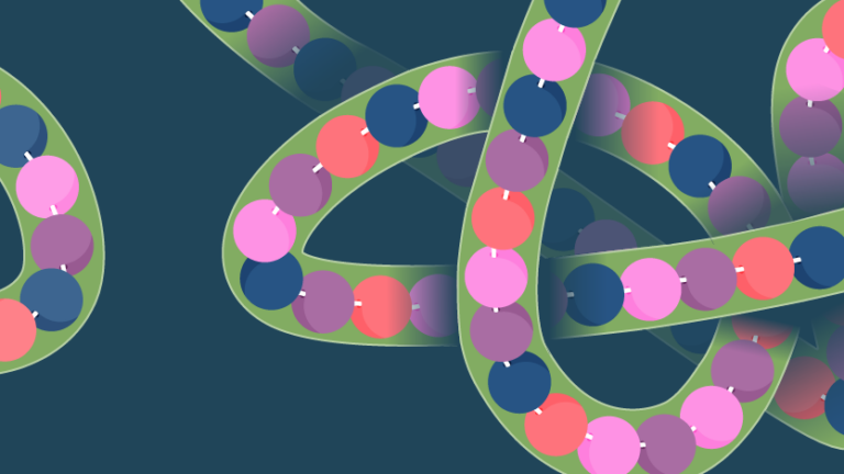 Curvy, green-edged ribbons filled with pink, purple, and dark blue dots twist and overlap on a dark teal background in an abstract, seamless pattern.