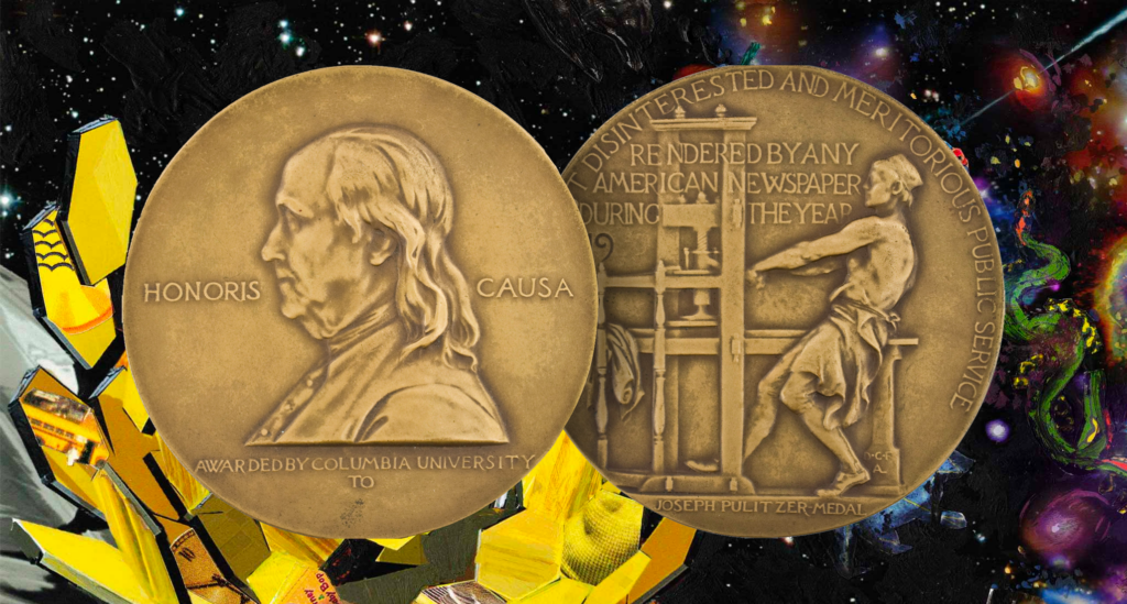 A photograph showing two sides of the 2022 Pulitzer Prize.