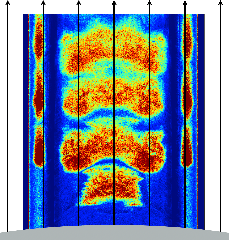 The simulated density distribution of electron-positron plasma near the surface of a neutron star.