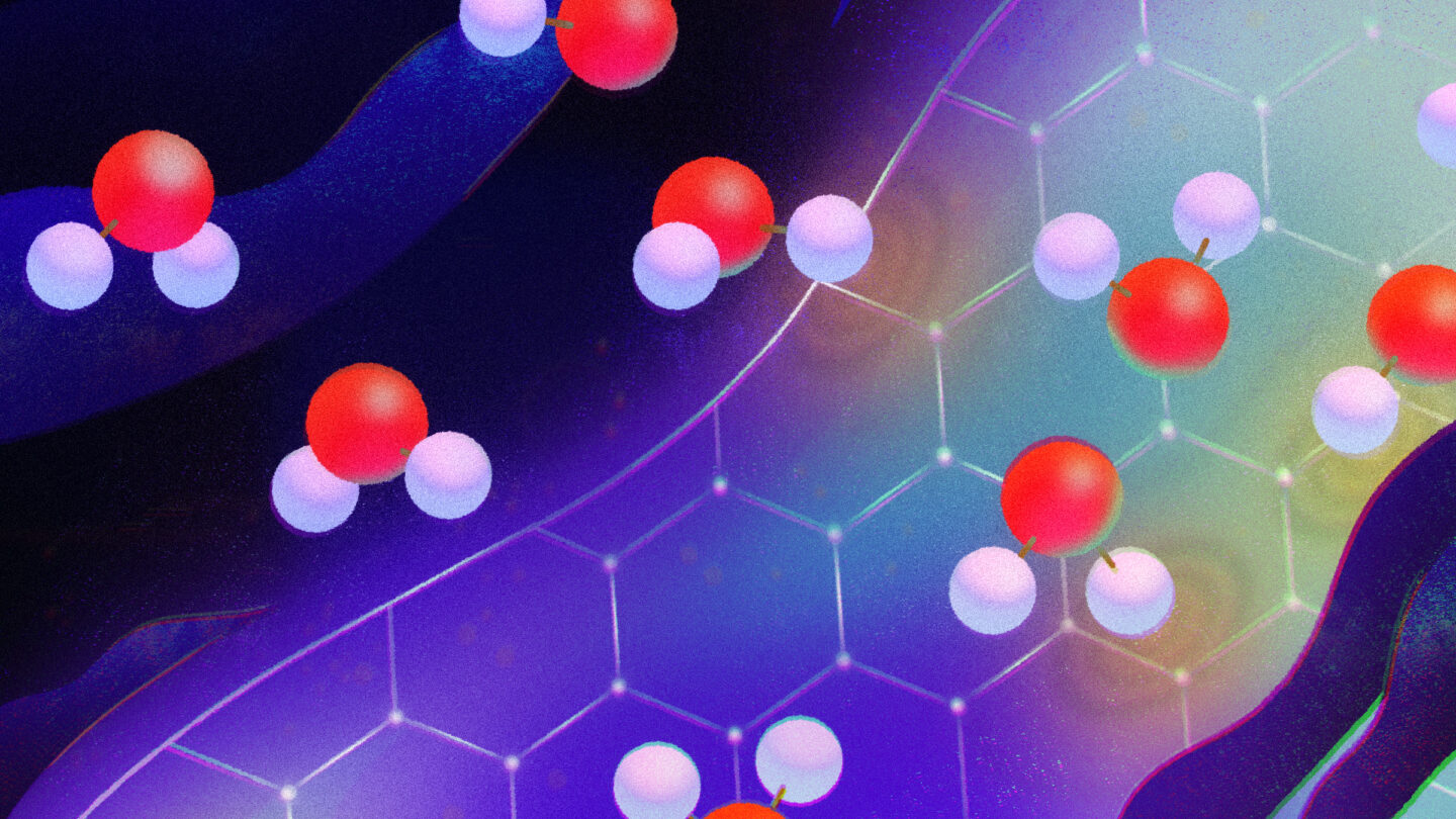 Water molecules flow near the honeycomb-patterned walls of a carbon nanotube. Interactions between the molecules and electrons in the walls can cause ‘quantum friction,’ researchers propose in a new study.