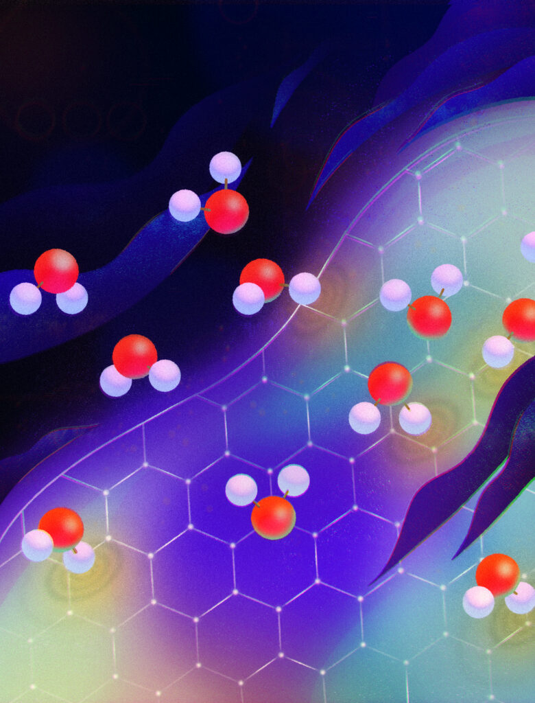 Water molecules flow near the honeycomb-patterned walls of a carbon nanotube. Interactions between the molecules and electrons in the walls can cause ‘quantum friction,’ researchers propose in a new study.