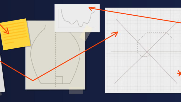 A white vase, sketches, graphs, notes, and a brain scan are connected by an orange line with arrows, showing a sequence on a dark background.