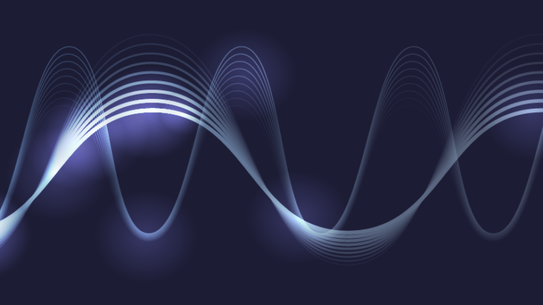 Abstract digital art showing overlapping, glowing blue and white waveforms on a dark background, resembling sound or light waves with multiple bright peaks and curves.