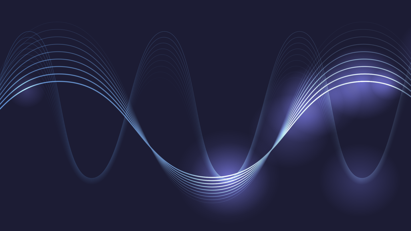 Curved, glowing blue lines form overlapping wave patterns on a dark purple background, creating an abstract, flowing design with light and shadow effects.
